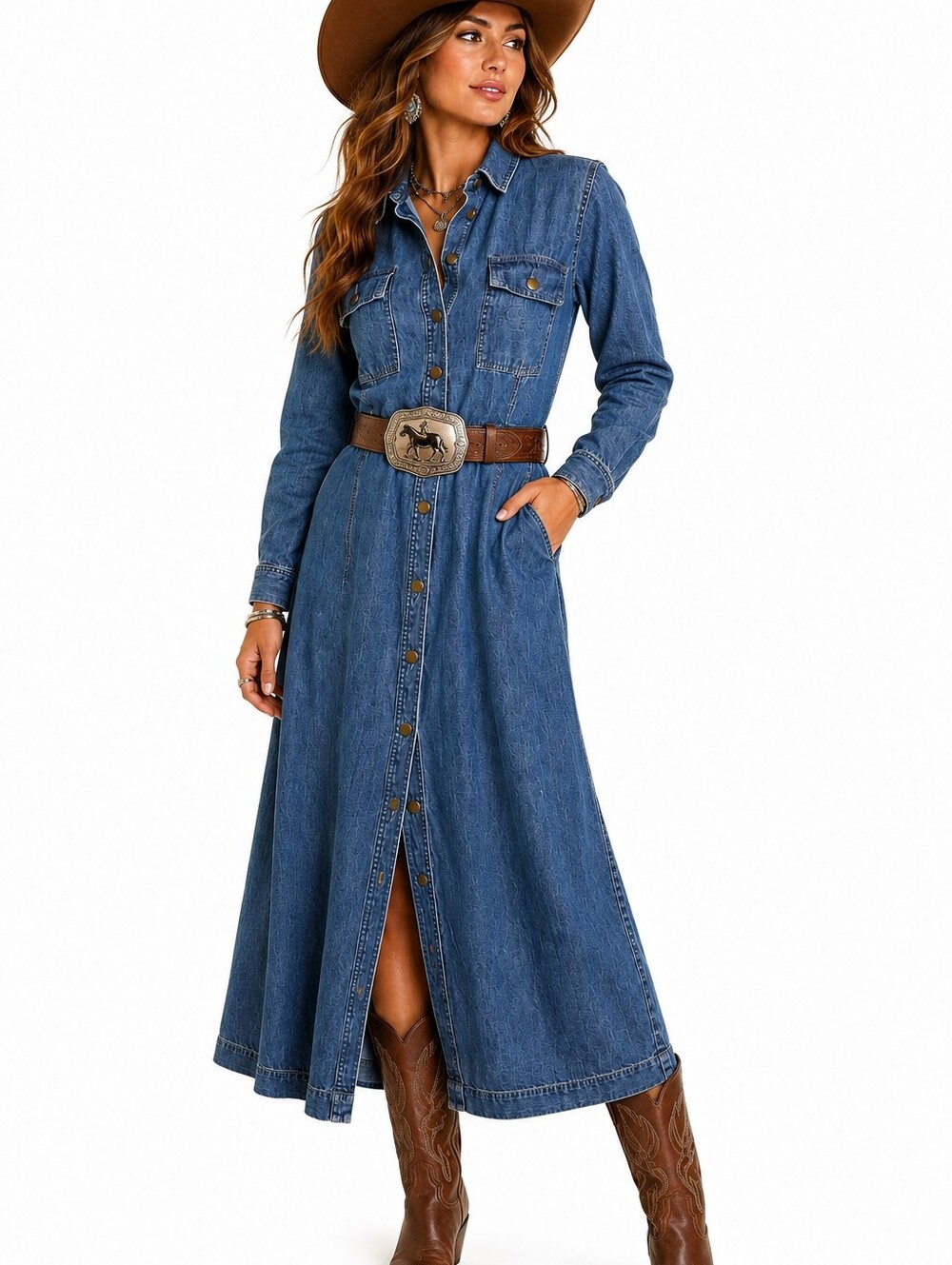 Loft Denim Shirt Dress A-line Button Up Maxi Dress SZ: 14 Western Cowgirl Boho